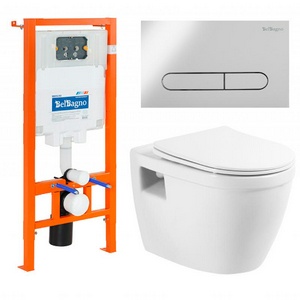 Комплект: унитаз подвесной безободковый, сиденье с микролифтом, инсталляция для подв.унитаза, крепёж, клавиша смыва цв.белый,  ZZ BelBagno Loto BB070CHR/SC/BB002-80/BB018-GV-BIANCO