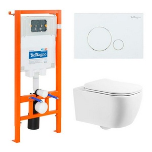 Комплект: унитаз подвесной безободковый, сиденье с микролифтом, инсталляция для подв.унитаза, крепёж, клавиша смыва цв.белый, Genova ZZ BelBagno genova BB1102CH/BB1102SC/BB002-80/BB014-SR-BIANCO