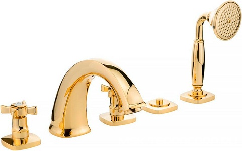 Смеситель для ванны, встраиваемый в борт, на 5 отв., лейка, шланг, встр.часть в компл., (цв.золото),  ZZ Migliore Korona 28503