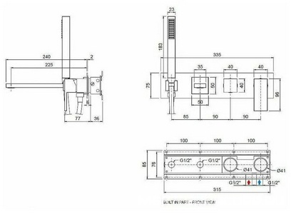 Смеситель для ванны, встраиваемый в стену, лейка, шланг, встр.часть в компл., (цв.золото),  ZZ Cezares Unika UNIKA-VDM2-03/24
