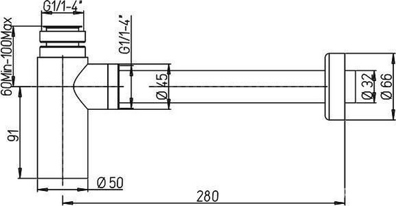 Сифон для раковины, 1 1/4, горизонтальная часть 280мм, (металл цв.черный матовый),  ZZ Paini Cox 78PZ849