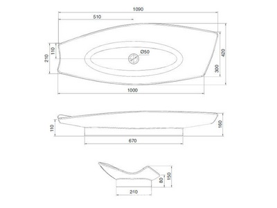 Раковина накладная на столешницу, 109х42хh16см, без отв.д/смесителя, без перелива,  ZZ Scarabeo Kong 8054