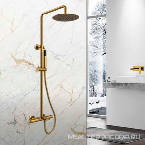 Смеситель термостат для душа, со стационарным верхн.душем 25см., душевая лейка, шланг в компл., (цв.брашированное золото), Vincea ZZ Vincea Vogue VSFS-1V1TBG