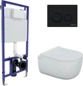 Комплект : инсталляция для подвесного унитаза+ клавиша цв.черный+ подвесной унитаз безободковый с сиденьем микролифт ZZ Berges Универсал 043311