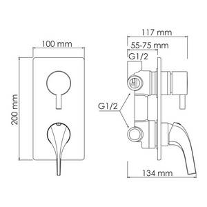 Смеситель для ванны и душа, встраиваемый в стену, внутрен.часть в компл., лейка и шланг приобр. отдельно, цв. золото глянец, ZZ Wasserkraft Sauer 7171