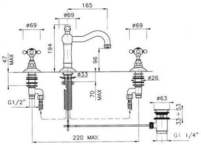 Смеситель для раковины на 3 отв. с д/к (цв.гальван.золото, ручки   Dames Anglaises), Nicolazzi ZZ Nicolazzi Classical luxury 1409 GB 18