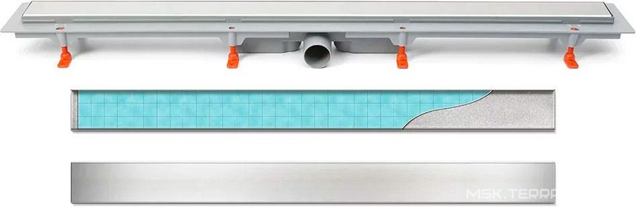 Водоотводящий желоб 650 мм MCH, боковой выпуск, комбинированный затвор, сливом D 40, с решеткой под плитку, цв. хром, ZZ Veconi Универсал V650K