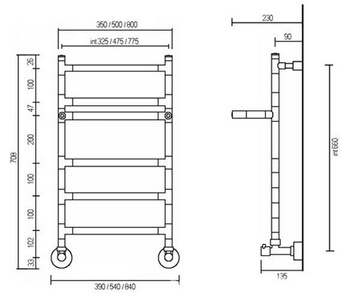 Полотенцесушитель 390хh708х230мм, подвод воды int.325мм, (цв.хром), краны в компл., (ГВС, 6 bar) Margaroli 487 ZZ Margaroli Sereno art.487/5/350 (S) / CR