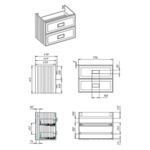 Тумба под раковину, с 2 выкатными ящиками, 776x469хh613мм, без раковины/столешницы, БЕЗ РУЧЕК, (цв.серый матовый),  ZZ La Fenice Cubo FNC-01-CUB-G-80-2