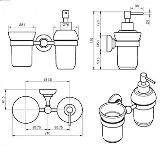 Стакан и дозатор настенные керамические, (цв.золото),  ZZ Cezares Aphrodite APHRODITE-TDTS-03/24