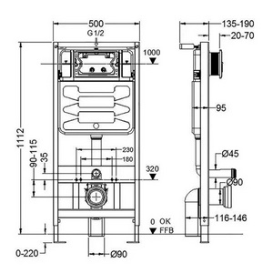 Инсталляция для подвесного унитаза, 500х135хh1120мм, со смывным бачком скрытого монтажа, фронт.управл., крепёж в компл., без клавиши смыва, Urbatec ZZ Urbatec Универсал 96RU04