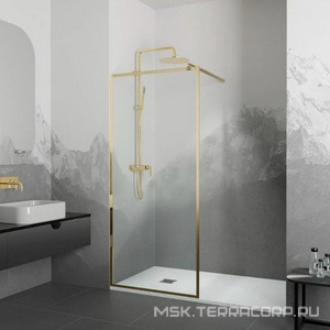 Душевая перегородка 900хh2000мм, правая/левая, (стекло прозрачное 8мм Easy Clean, укорачиваемый кронштейн 1200мм, фурнит.цв.золото BRUSH), Walk IN ZZ RGW Walk In 32101290-16