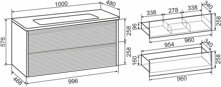 Тумба подвесная 100 см, без раковины, 2 выдвижных ящика,  цвет дымчатый серый Aqua de Marco PARMA 20100GRPAR