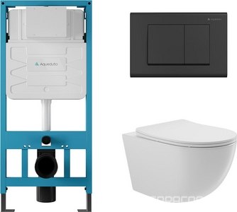 Компл.: унитаз подвесн.,безободк.,525х360мм,цв.белый глянц., сиденье с микролиф,,инстал. д/унит., крепёж, клавиша смыва Quadrado цв.черный мат,  ZZ Aqueduto Ovo AQDS023