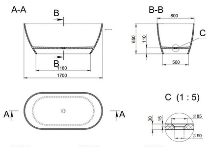 Ванна 1680х800хh640мм, отдельностоящая, интегрир.слив перелив, д/к в цвет ванны в компл.,(иск.камень Soft rock цв.белый мат),  ZZ Holbi Venus 1.01.001.11.1
