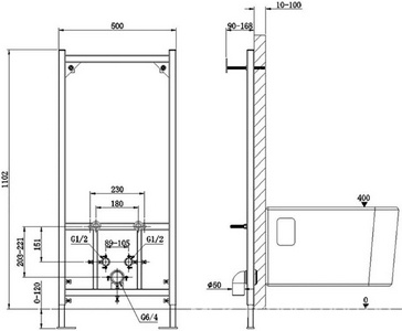Инсталляция для подвесного биде, 500х90-168хh1102мм, крепёж в компл., Urbatec ZZ Urbatec Универсал 96RUHF01