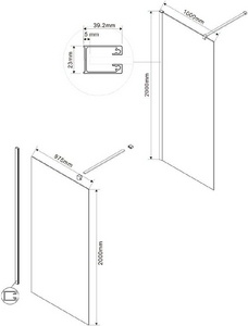 Душевая перегородка 1000хh2000мм, правая/левая, (стекло прозрач.8мм, поперечн. укорачиваемый кронштейн 1200мм, фурнит.цв.черный матовый),  ZZ Vincea Walk-In VSW-1H100CLB