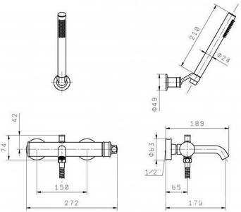 Смеситель совмещён. с гигиеническим душем, готовый комплект: лейка металл, шланг, скрытая часть, (цв.хром),  ZZ Migliore Oxford 31461