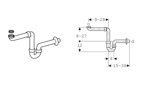 Сифон для раковины 1"1/4", для компактного подключения умывальника в мебели ванной комнаты, (пластик цв. белый), Geberit ZZ Geberit Универсал 151.107.11.1