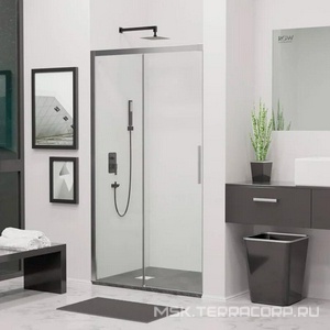 Дверь д/д, в нишу 2000хh1950мм, раздвижная с неподв.сегментом, правая/левая, (ст.прозр.6мм Easy Clean, профиль цв.черный матовый),  ZZ RGW Leipzig 34121220-14