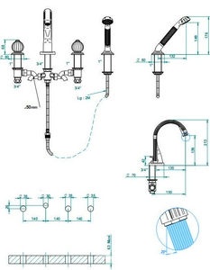 Смеситель для ванны, встраиваемый в борт на 4 отв., шланг, лейка в компл., (цв. золото (Dore)) Mandarine cristal clair ZZ THG Mandarine Cristal CL U1D-F01-112B