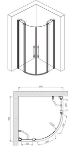 Душевое ограждение, 1/4 круга, R550, 900х900хh1950мм, 2 расп.двери с 2 неподв.сегм., (профиль цв. бронза, стекло 6мм матовое.с прозр.рис),  ZZ Romance Collection Malme ML.R1.90.FGTP BR КЛАССИКА