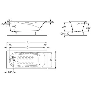 Ванна  170х70 см чугунная, с отвер. п/ручки, БЕЗ ножек, БЕЗ ручек ZZ Roca Malibu 2333G0000