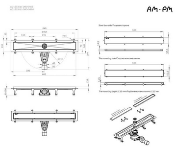 Душевой желоб 60 см, комбинированный затвор, решетка под плитку из нерж.стали, цв.черный AMPM Универсал W01SC-U11-060-04BM
