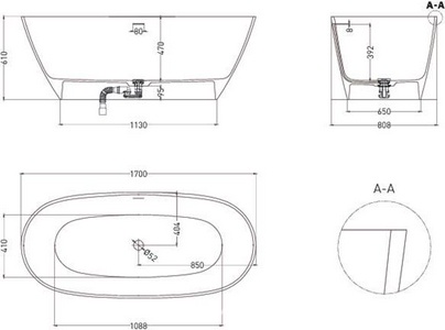 Ванна 170х80хh61cм, отдельностоящая, литой камень Gelcoat цв.белый глянцевый, интегрир.слив-перелив, крышка слива в цв.ванны, сифон в к-т,  ZZ LOFO LOFO UM12112