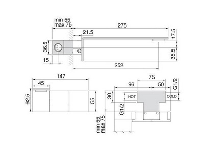 Смеситель для раковины, встраиваемый в стену, 2 ручк., излив 275мм, (цв. тертая сталь),  ZZ 3M 5mm RWIT 2552 IS 10