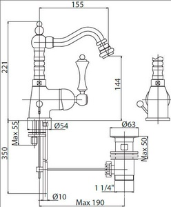 Смеситель для биде, высокий с поворотным изливом, с д/к, (цв.золото, ручка цв.белый),  ZZ Cezares Margot MARGOT-BSM2-03/24-Bi