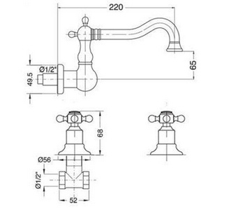 Cмеситель для раковины встраиваемый в стену на 3 отв .,классич. излив 220мм (цв.бронза),  ZZ Gaia Julia RB 8370BR