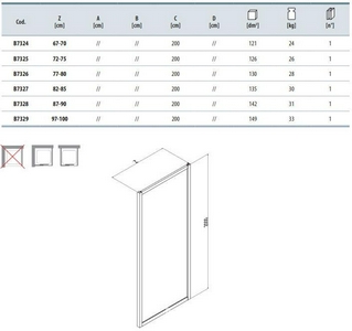 Стенка боковая для душевой двери, 100(97-100)хh200см, правая/левая, (стекло матовое с прозр. декором, профиль цв.золото),  ZZ Samo Villa Borchese B7329 ELO R6