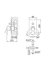 Смеситель для душа, встраиваемый в стену, с переключателем, (цв.черный матовый),  ZZ Cezares Porta PORTA-VDIM-NOP