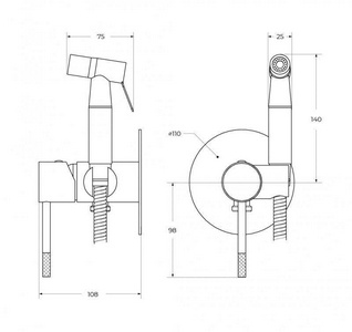 Смеситель совмещённый с гигиеническим душем, готовый комплект: лейка, шланг 120см., скрытая часть, (цв.черный матовый), Relax ZZ Cezares relax RELAX-DIF-NOP