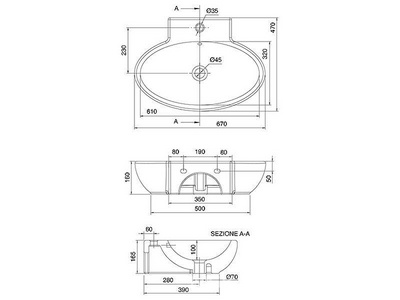 Раковина накладная на столешницу или подвесная, овальная, 67х47хh16см, с 1 отв.д/смесителя,  ZZ Scarabeo Planet 8109