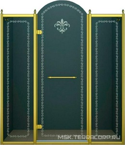 Дверь в нишу 1500x2118мм, (1475-1525)x2118, с двумя неподв. сегмент, "левая" петли слева(вход 600мм), (стек/прозр с мат/узор, 8мм, фурн/зол), ZZ Cezares Retro RETRO-B-13-150-CP-G-L