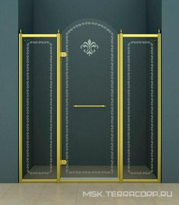 Дверь в нишу 1500x2118мм, (1475-1525)x2118, с двумя неподв. сегмент, "левая" петли слева(вход 600мм), (стек/прозр с мат/узор, 8мм, фурн/зол), ZZ Cezares Retro RETRO-B-13-150-CP-G-L