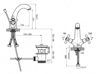 Смеситель для раковины, с д/к, (цв.бронза),  ZZ Cezares Retro RETRO-C-LS1-02