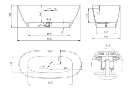 Ванна 1650х750хh580мм, отдельностоящая, литой камень S-Sense, глянец, нажимной слив камень в цвет ванны, Sofia ZZ Salini SOFIA 102511G