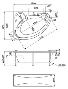 Акриловая ванна 1MarKa  L 160х110 см, аэромассаж (035079; Ar, сфLuxe, рск), каркас, сифон в комплекте, ZZ 1Marka Catania 035079 АМ