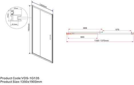 Дверь для душа, в нишу 1350хh1900мм, раздвижная, 1 дверь, 1 неподв.секция, правая/левая, (стекло прозрачн.6мм, фурн.цв.брашированное золото),  ZZ Vincea Garda VDS-1G135CLG