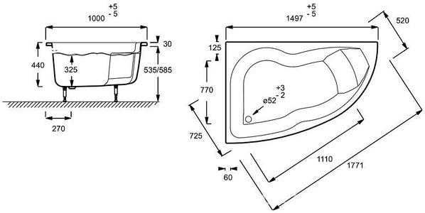 Акриловая ванна MICROMEGA DUO 150х100, ассимметричная,  левая  (БЕЗ каркаса и панели), белая ZZ Jacob Delafon Micromega E60219RU-00