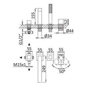 Смеситель для ванны, встраиваемый в борт на 4 отв., лейка, шланг в компл., (цв.черный матовый),  ZZ Cezares Porta PORTA-BVDM4-NOP