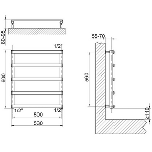 Полотенцесушитель h600х530мм,(подкл.500мм)на ГВС/сист.отопл.,до 8bar,G 1/2,(креплен, клап Маевск.в ком),БЕЗ кр/перек.,(полир.нерж/ст),  ZZ Cordivari Alessandra 3551680400002