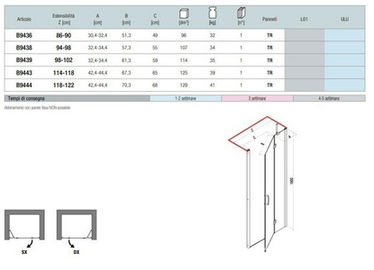 Дверь в нишу 98-102xh190см, (вход 59см) петли двери и непод.сегм справа (профиль цв. хром, стекло прозрачное StarClean),  ZZ Samo Polaris Design B9439 ULU TR DX