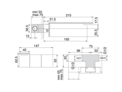 Смеситель для раковины, встраиваемый в стену, 2 ручк., излив 215мм, (цв. тертая сталь),  ZZ 3M 5mm RWIT 2551 ZZ 11