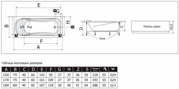 Ванна  "Стандарт",  без г/м, 170х75х58,5см, на раме, фронт. панель, слив/перелив в комплекте, ZZ Thermolux Leda Leda 170 Стандарт