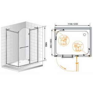 Душевое огражд.прямоуг.1200х900хh2166мм, дверь 760мм, петли, неподв.сегм. справа, бок.стенка слева,(ст.8мм,мат. с прозр.рис.,фурн. цв.хр),  ZZ Cezares Retro RETRO-AH-12-120/90-PP-CR-R