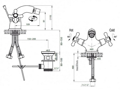 Смеситель для биде, c д/к, (цв.бронза),  ZZ Cezares Retro RETRO-C-BS1-02